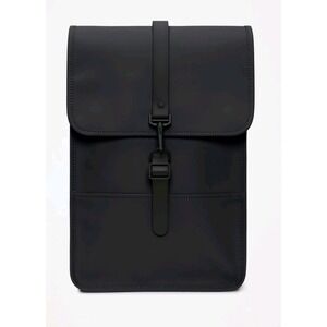Rains Backpack All Black Leather Buckle Latch Modern Contemporary Staple Sleek